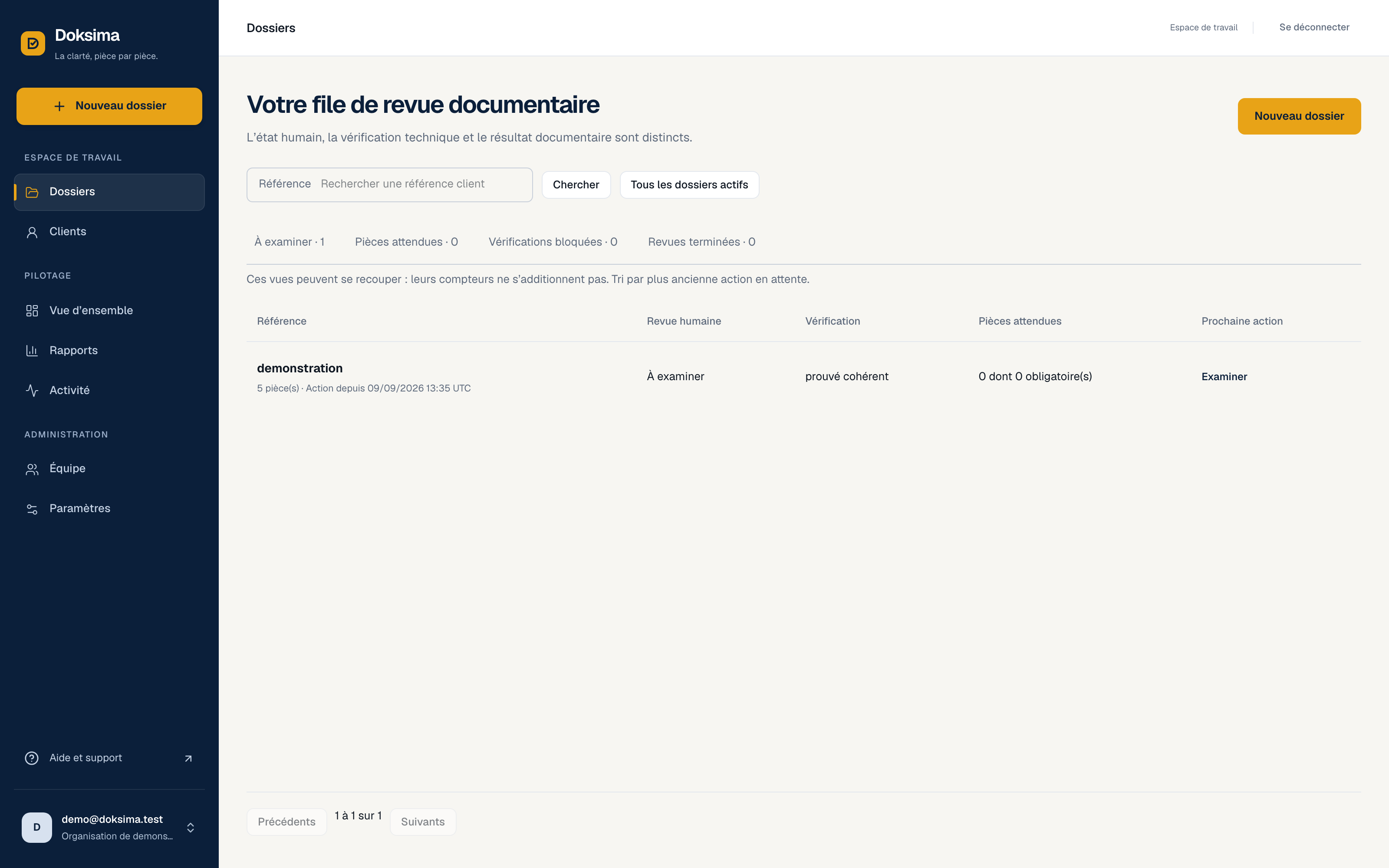 Capture de la file de revue Doksima : un dossier de démonstration, son état de revue humaine et son résultat technique distincts.